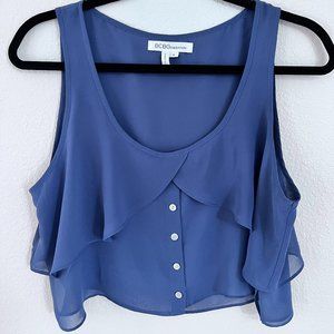 BCBG Generation Blue Button-Down Sheer Ruffled Tank Crop Top Blue Size Medium